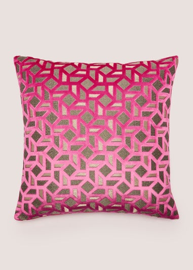 Bright Pink Cut Velvet Geo Cushion (43cm x 43cm)