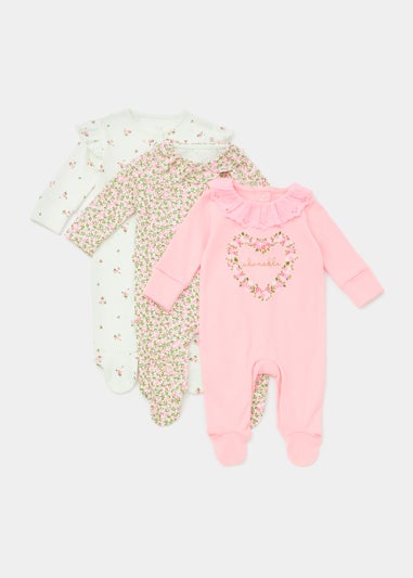 Baby 3 Pack Pink Sleepsuits (Tiny Baby-18mths)