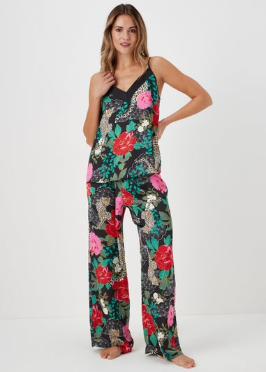 Black Floral Satin Pyjama Bottoms