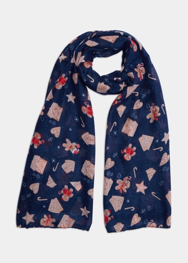 Navy Gingerbread Print Christmas Woven Scarf