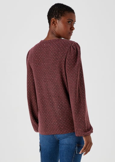 Burgundy Metallic Spot Crew Neck Top