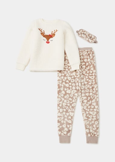 Girls Cream Deer Print Fleece Pyjama Eye Mask Set 4 12yrs