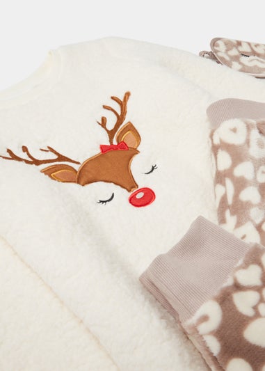 Girls Cream Deer Print Fleece Pyjama & Eye Mask Set (4-12yrs)