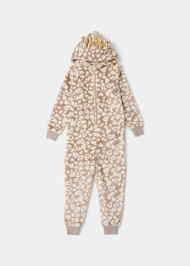 Kids Brown Reindeer Fleece Onesie (4-13yrs)