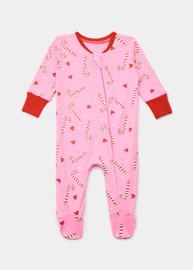 Baby Pink Christmas Candy Cane Print Zip Up Sleepsuit (Newborn-18mths)