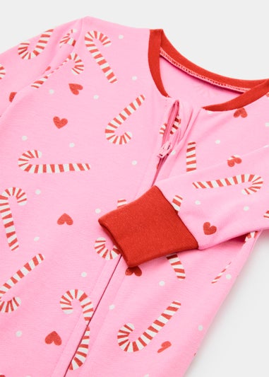 Baby Pink Christmas Candy Cane Print Zip Up Sleepsuit (Newborn-18mths)