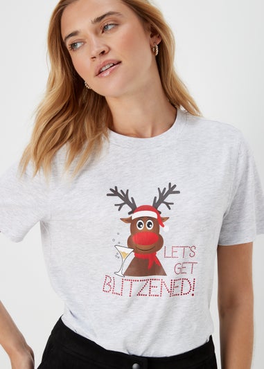 Grey Blitzened Print Christmas T-Shirt