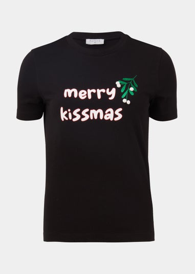 Black Mistletoe Print Christmas T-Shirt