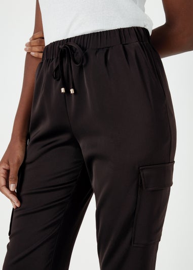 Black Satin Cargo Trousers