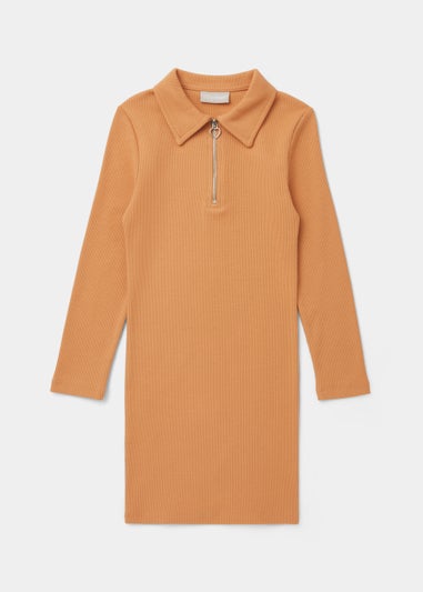 Girls Nude Ribbed Zip Dress (4-13yrs)