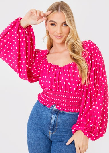In the Style Jac Jossa Pink Polka Dot Shirred Top