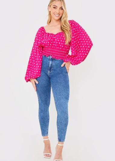 In the Style Jac Jossa Pink Polka Dot Shirred Top