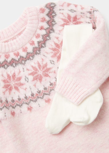 Girls Pink Fair Isle Tunic Dress & Tights Set (9mths-6yrs)
