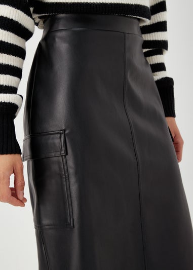 Black PU Cargo Midi Skirt