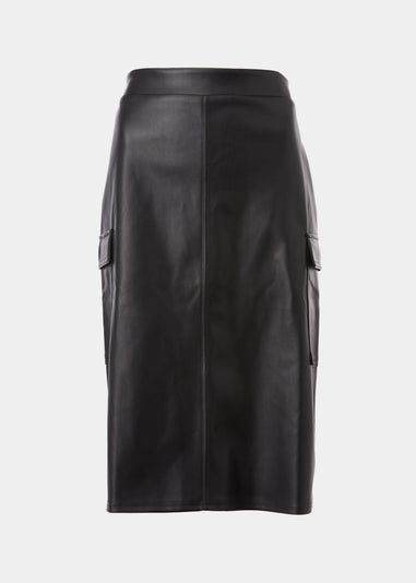 Black PU Cargo Midi Skirt