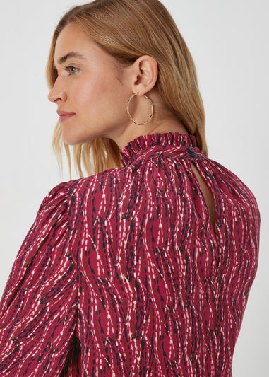 Burgundy Abstract Print High Neck Blouse