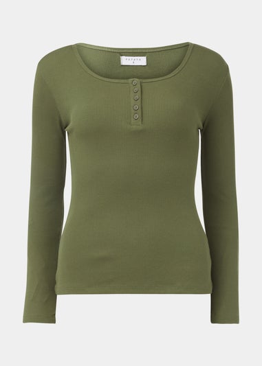 Khaki Henley Ribbed Long Sleeve Top