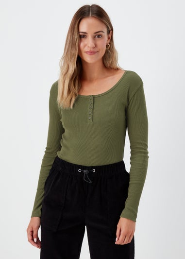 Khaki Henley Ribbed Long Sleeve Top