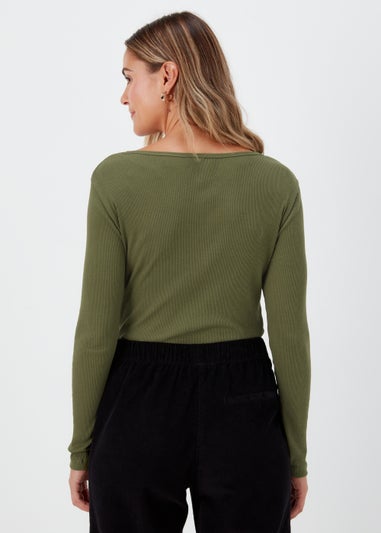 Khaki Henley Ribbed Long Sleeve Top