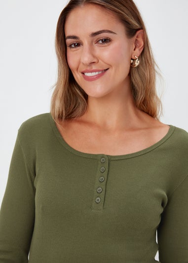 Khaki Henley Ribbed Long Sleeve Top