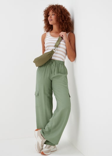 Khaki Wide Leg Cargo Trousers