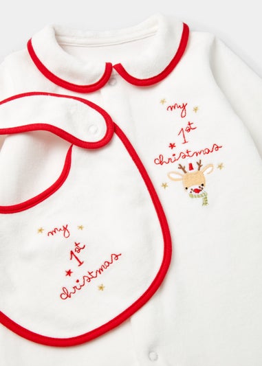 Baby Cream My First Christmas Velour Sleepsuit & Bib Set (Tiny Baby-6mths)