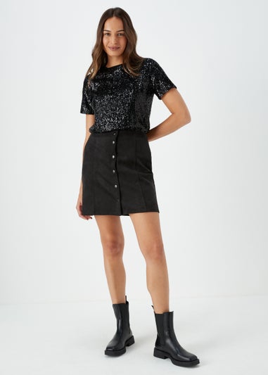 Black Faux Suede Button Mini Skirt