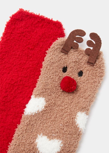 2 Pack Red & Reindeer Fluffy Christmas Socks