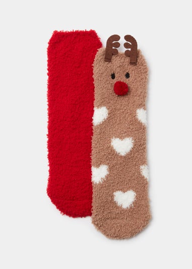 2 Pack Red & Reindeer Fluffy Christmas Socks