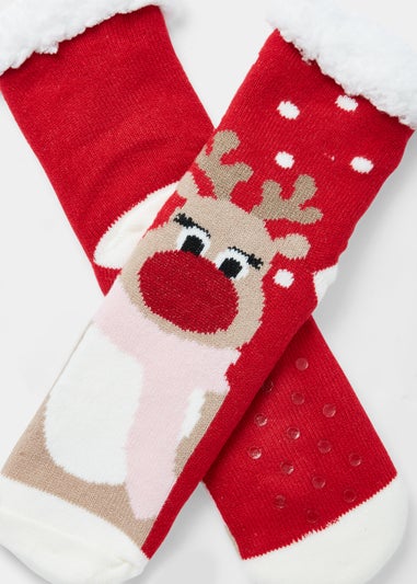 Multicoloured Christmas Reindeer Print Slipper Socks