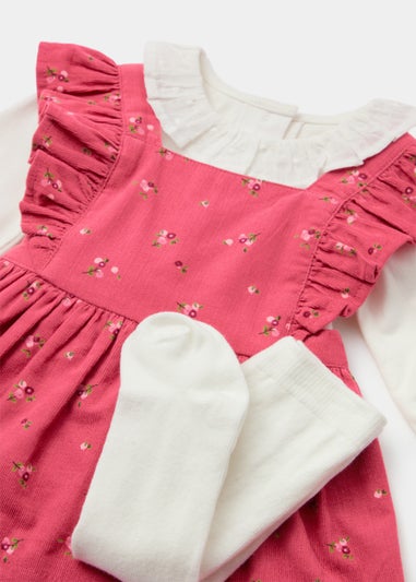 Girls Berry Cord Floral Print Dress Top & Tights Set (Newborn-23mths)