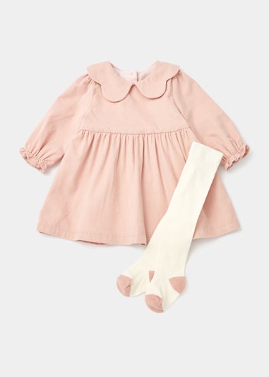 Baby Pink Cord Scallop Collar Dress & Cream Tights Set (Newborn-18mths)