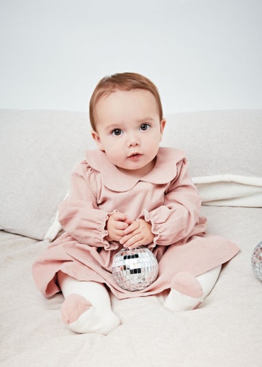 Baby Pink Cord Scallop Collar Dress & Cream Tights Set (Newborn-18mths)