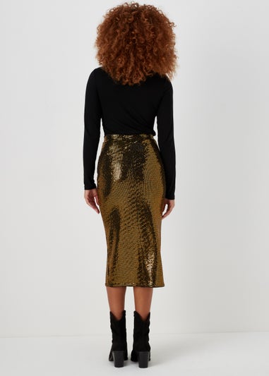 Gold Sequin Jersey Midi Skirt