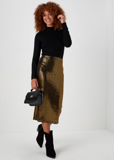 Gold Sequin Jersey Midi Skirt