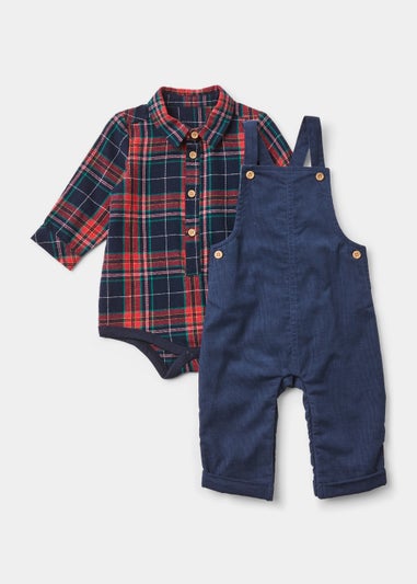 Baby Navy Cord Dungarees & Check Shirt Bodysuit Set (Newborn-23mths)