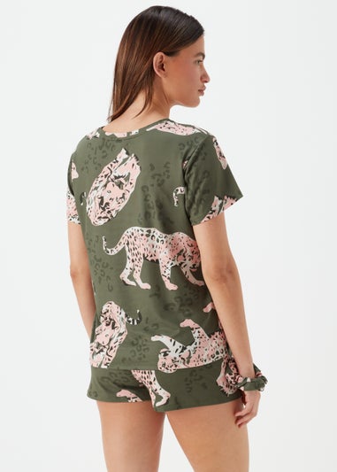 Khaki Leopard Print Short Pyjama & Scrunchie Set