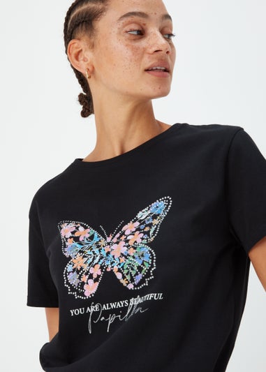 Black Floral Butterfly Print T-Shirt