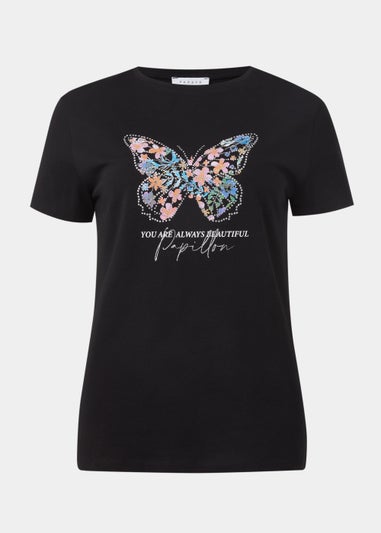 Black Floral Butterfly Print T-Shirt