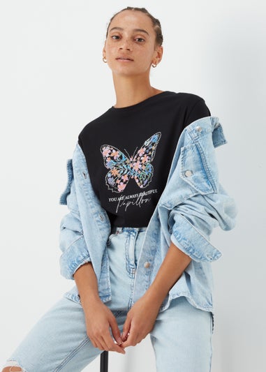 Black Floral Butterfly Print T-Shirt