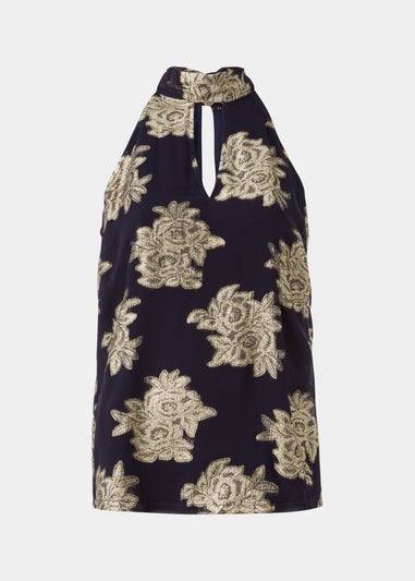 Et Vous Navy Floral High Neck Sleeveless Top