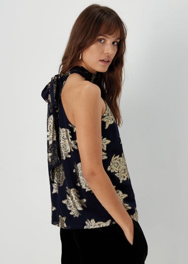 Et Vous Navy Floral High Neck Sleeveless Top