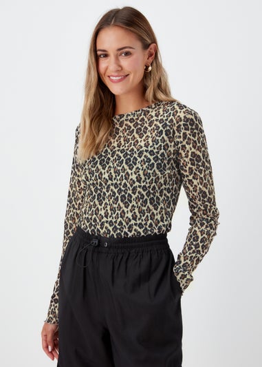 Beige Animal Print Long Sleeve Mesh Top