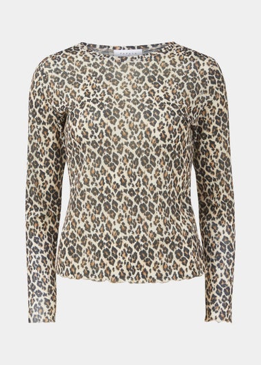 Beige Animal Print Long Sleeve Mesh Top