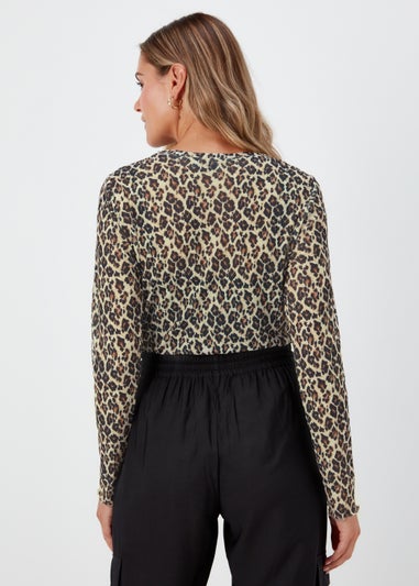 Beige Animal Print Long Sleeve Mesh Top