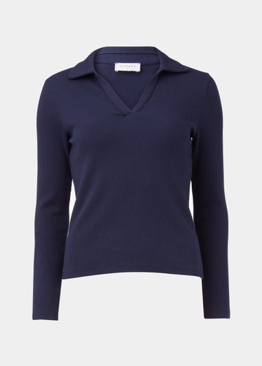 Navy Collar Long Sleeve Polo Shirt