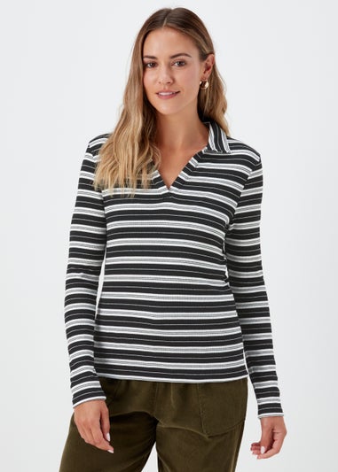 Black & White Stripe Long Sleeve Polo Shirt