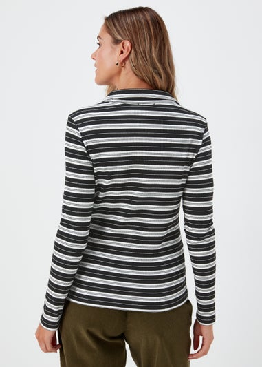 Black & White Stripe Long Sleeve Polo Shirt