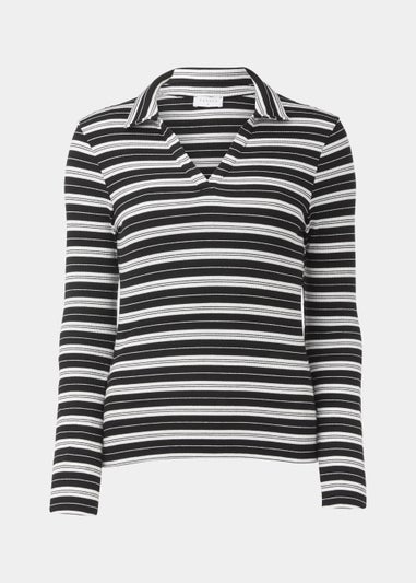 Black & White Stripe Long Sleeve Polo Shirt