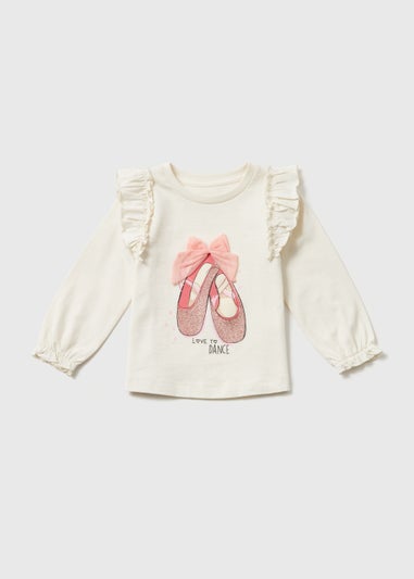 Girls Cream Ballet Shoe Print Long Sleeve T-Shirt (9mths-6yrs)